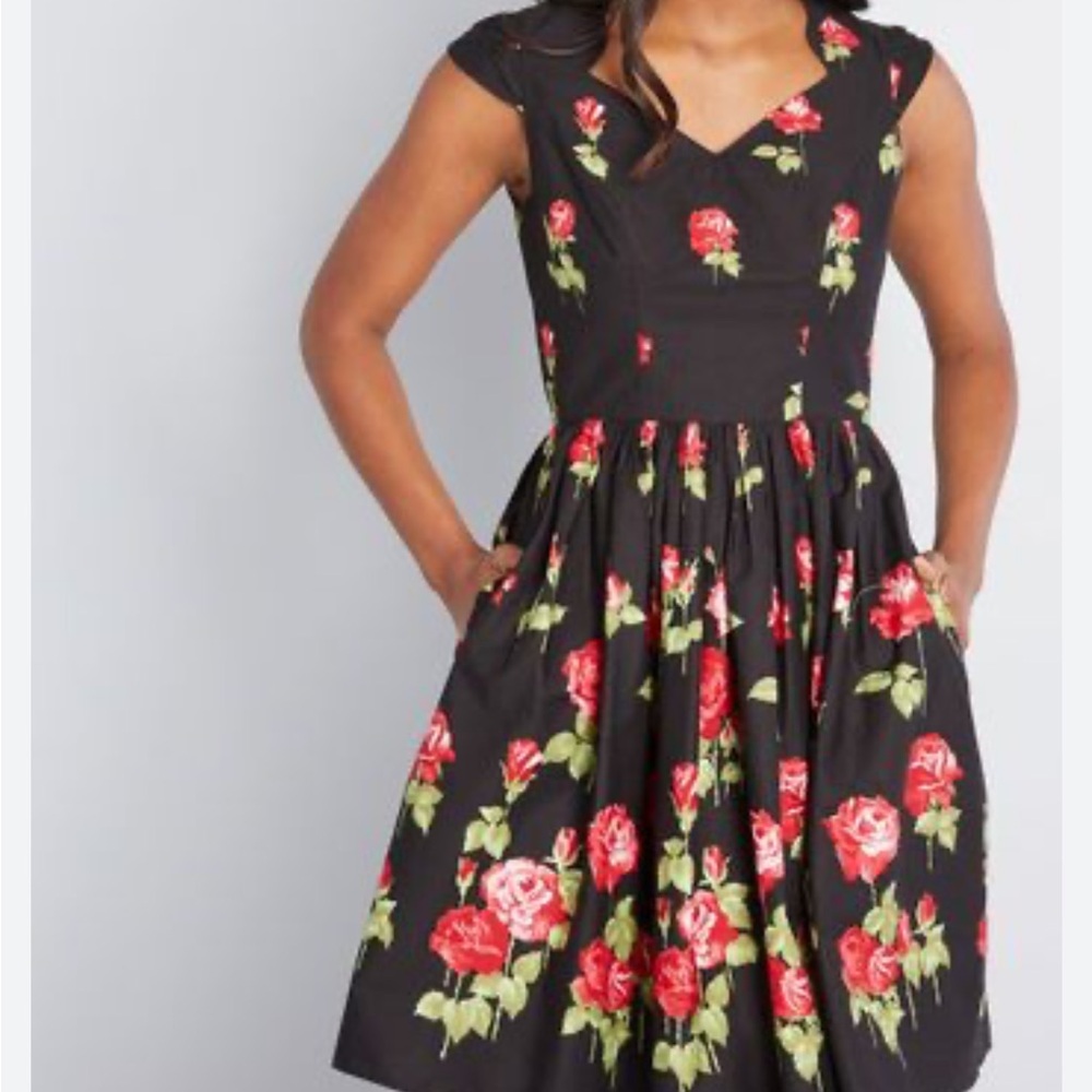 Hell Bunny Antonia Mid Dress Rose Print Floral Fit Flare Retro Pinup Rockabilly - Picture 7 of 16